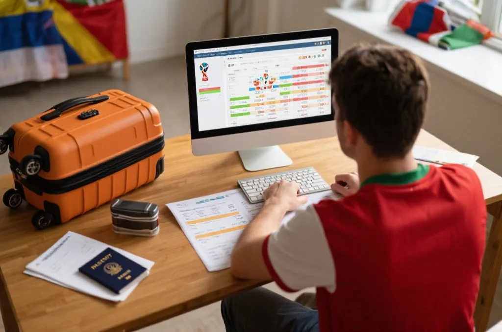 球迷在电脑前规划世界杯行程与预算